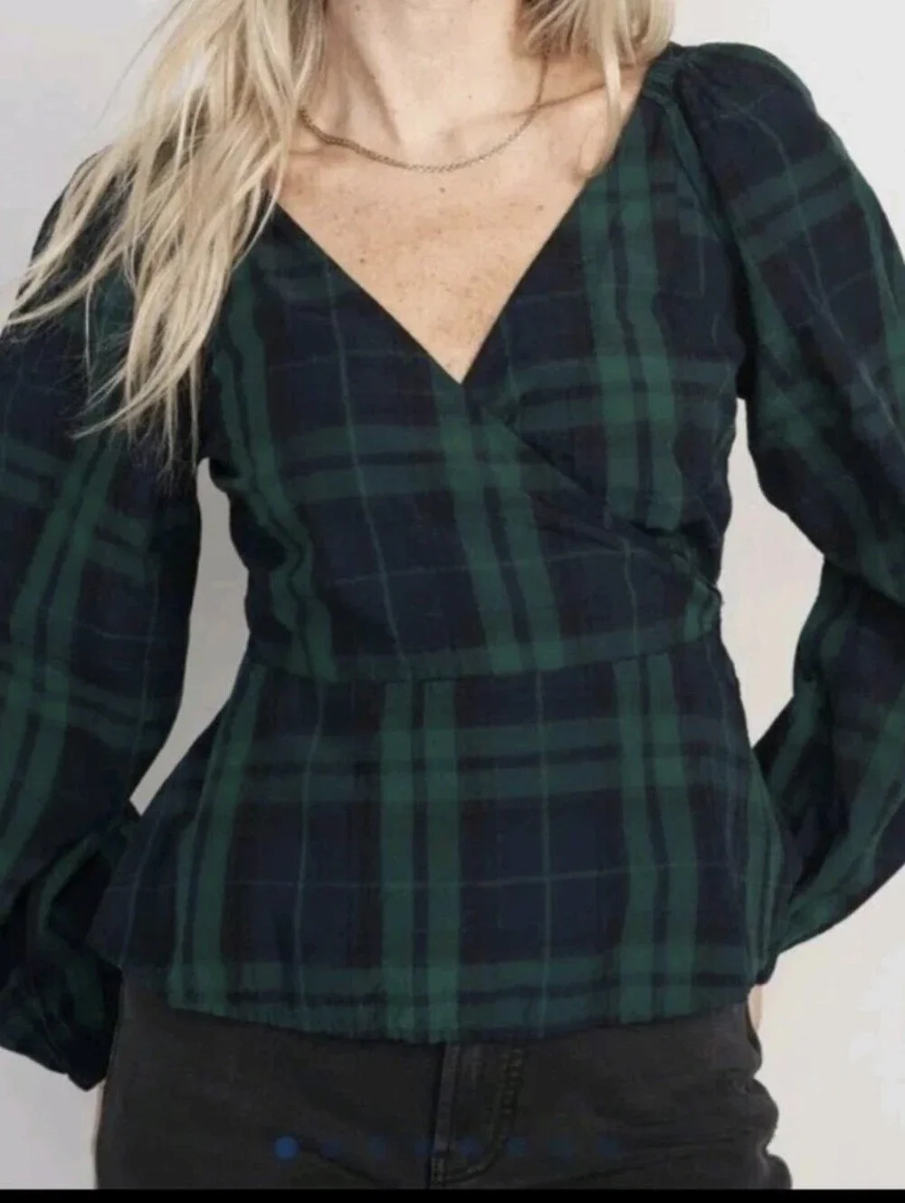 Old Navy Plaid Smocked Seersucker Wrap Blouse Puff Sleeve Tartan Top Large